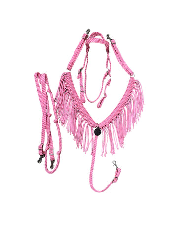 Pink Fringe horse tack set,  (fringe breast collar, reins, and bridle)