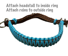 side pull hackamore "with a whoa" bitless attachment.... neon turquoise with brown chinstrap...all sizes