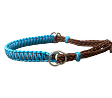 side pull hackamore "with a whoa" bitless attachment.... neon turquoise with brown chinstrap...all sizes