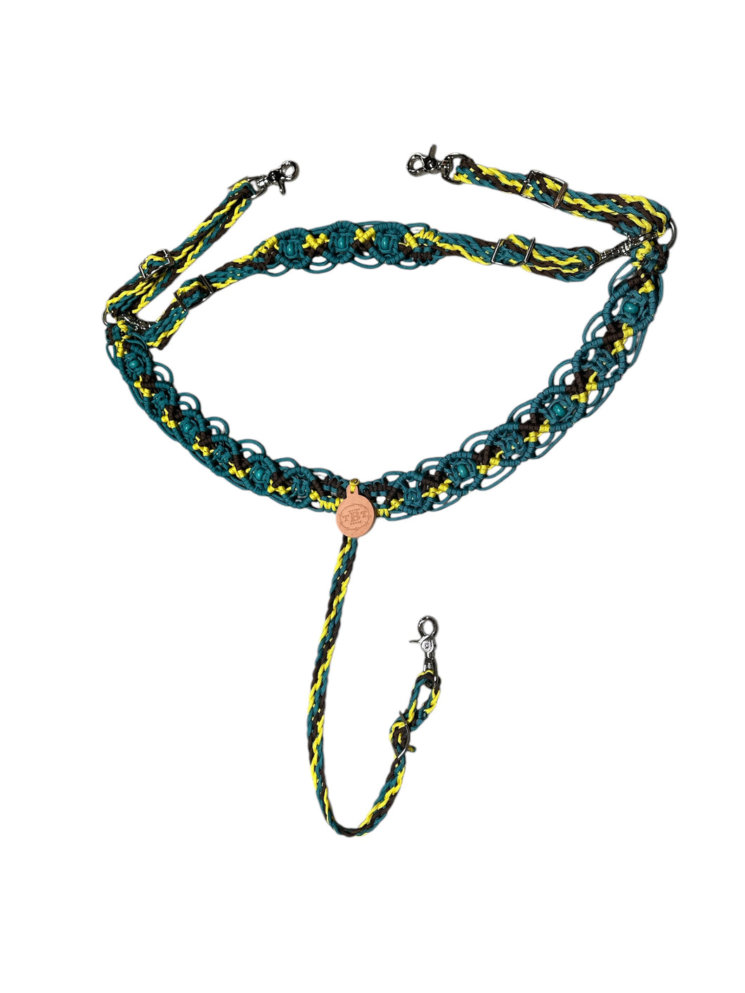 Gemstone fancy macrame  breast collar trap yellow and brown with turquoise howlite and a matching wither strap