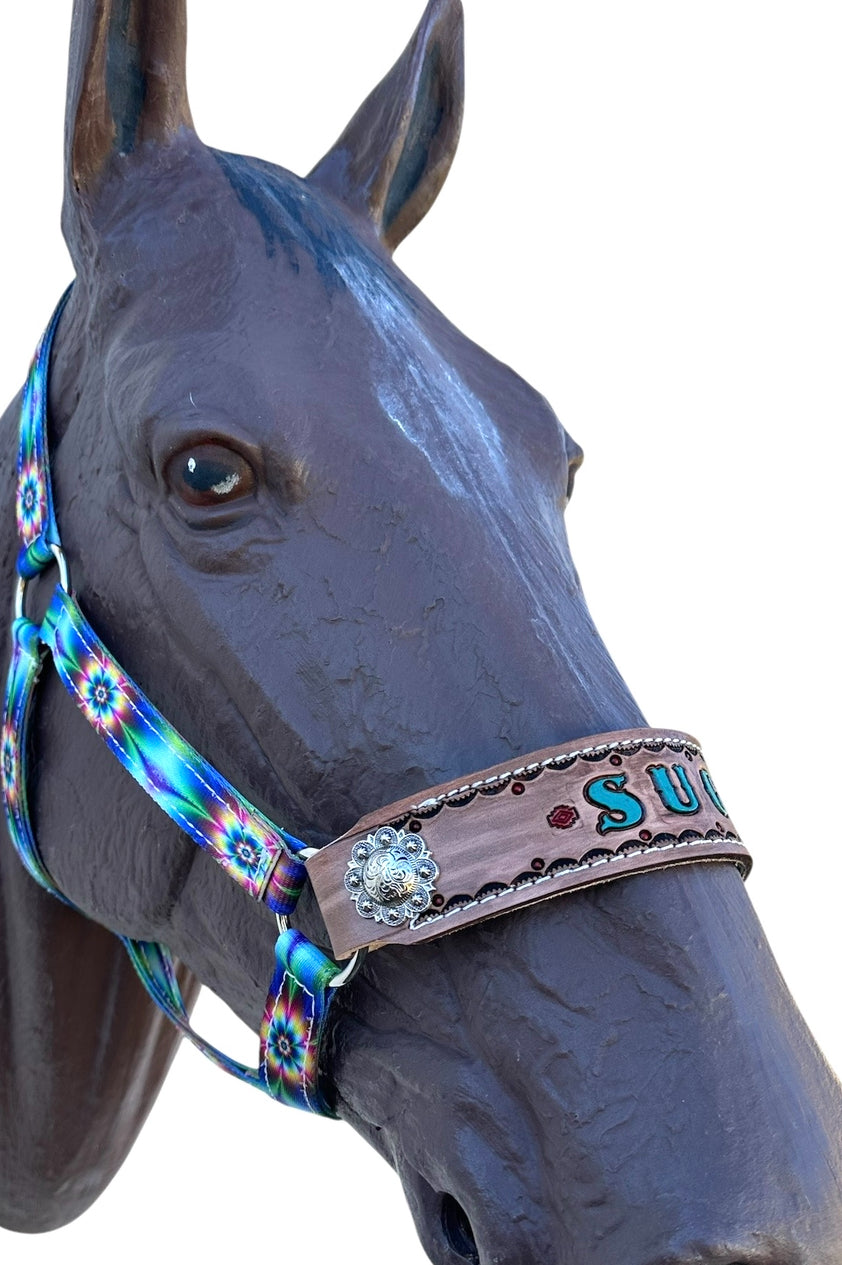 Personalized horse halter tie dye flowers