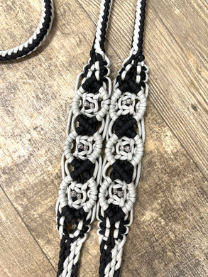 8' Fancy  braided beaded black and silver loop reins with silver beads