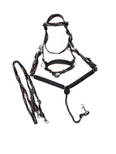 Brown black and tan  tack set all sizes ,  (breast collar, reins, and bitless bridle)