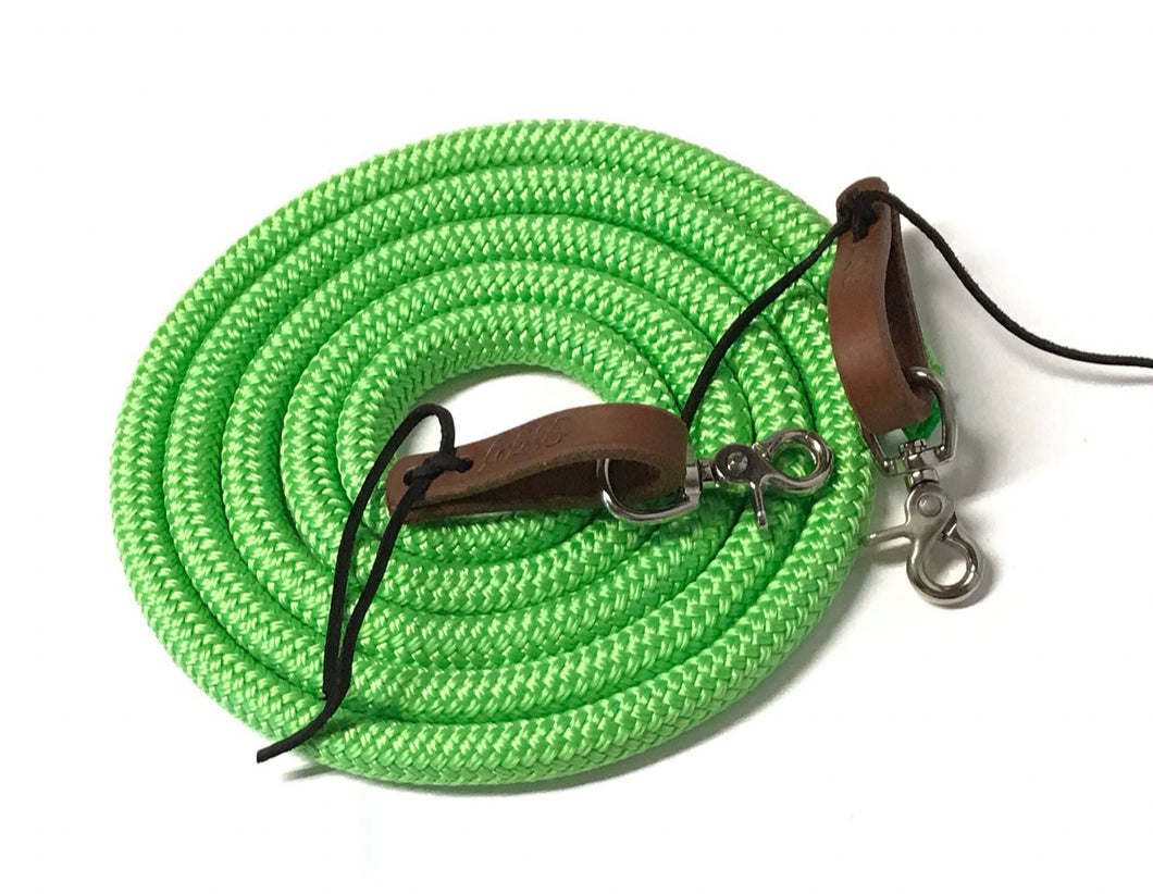 Lime Yacht rope reins with brown or black leather water loops teal