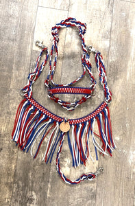 Red white and blue  tack set all sizes ,  (breast collar and bitless bridle)