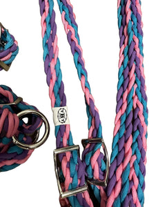 complete bitless bridle side pull hackamore with reins pink lilac and turquoise  ....pony, Cob, horse, or Draft horse size