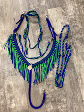 Electric Blue and Neon green Tack set with barrel reins …. All sizes.