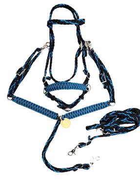 tack set all sizes carribean blue and black ,  (breast collar, reins, and bitless bridle)