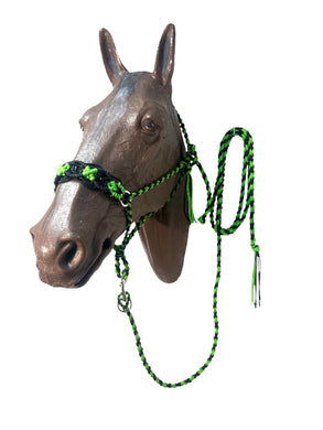 Neon green and Black Braided horse halter with black obsidian  beads and lead