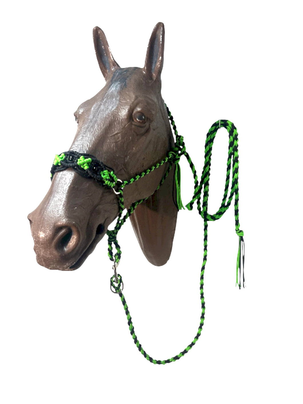 Neon green and Black Braided horse halter with black obsidian  beads and lead
