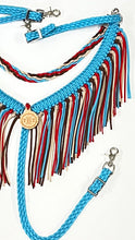 Turquoise horse tack set,  (fringe breast collar, wither strap, reins, and bridle)