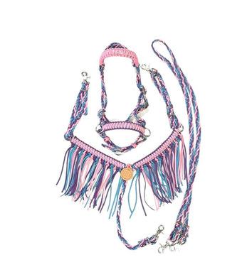 Pink,lilac, and turquoise Fringe Tack set with bitless bridle