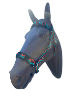 Complete bitless bridle black, burnt orange, and green turquoise Beaded Browband Headstall with a fancy braided browband all sizes