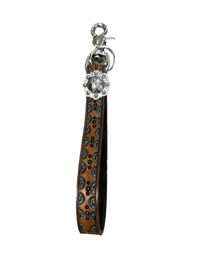 hand tooled and painted key chain wristlet