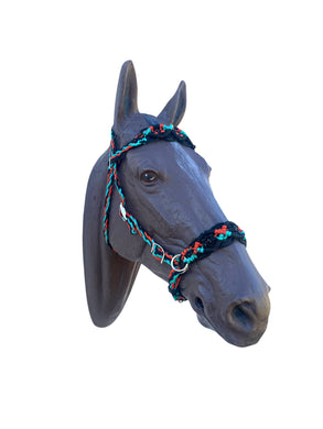 Complete bitless bridle black, burnt orange, and green turquoise Beaded Browband Headstall with a fancy braided browband all sizes