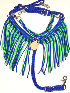 Fringe breast collar with a wither strap royal blue and neon green