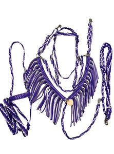 Purple horse tack set,  (tie down  set, fringe breast collar, wither strap, reins, and bridle)