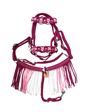 Bitless bridle and Fringe Breast Collar tack set pink and turquoise with rose quartz