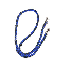 Barrel reins electric blue and black with adjustable grip knots variety of lengths 1/2"