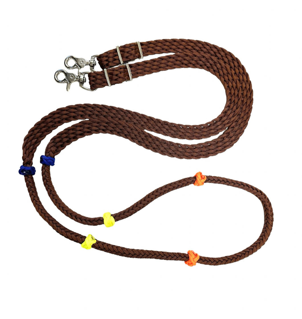 Training Lesson Reins (multiple lengths and colors available) brown with orange yellow and electric blue  knot