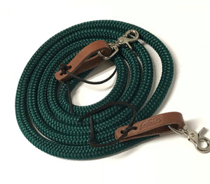 Hunter green Yacht rope reins with brown or black leather water loops teal