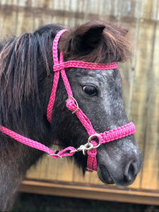 Complete Bitless bridle for ponie fuchsia….side pull hackamore with reins
