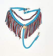 Turquoise, Red, brown and tan fringe breast collar with a wither strap