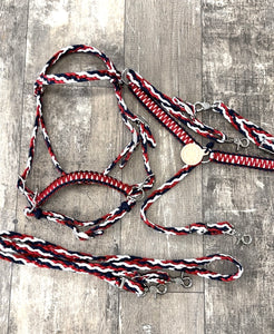 Red white and black tack set all sizes ,  (breast collar, wither strap, reins, and bitless bridle)