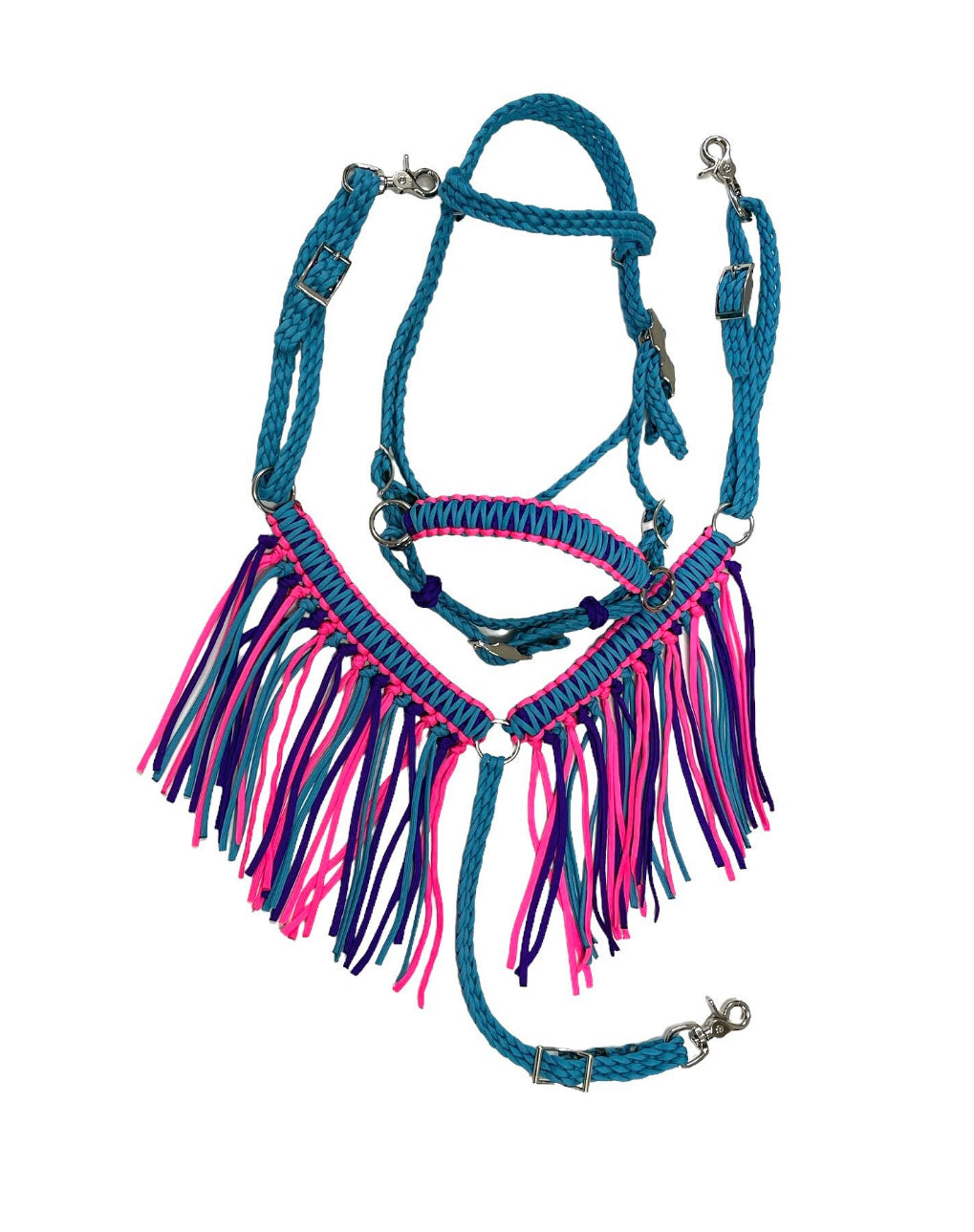 Bitless bridle and Fringe Breast Collar tack set pink, black,  and turquoise