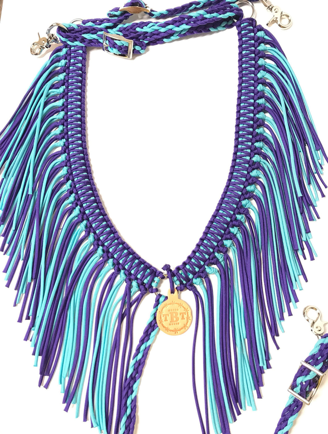 Purple and turquoise fringe breast collar