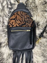 Black leather and cheetah cowhide  small sling bag