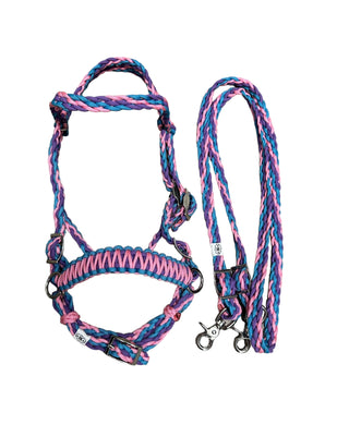 complete bitless bridle side pull hackamore with reins pink lilac and turquoise  ....pony, Cob, horse, or Draft horse size