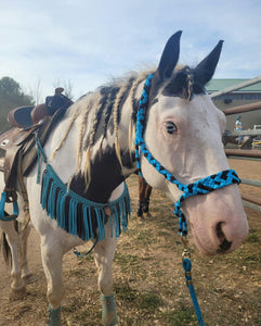 Neon turquoise and black fringe breast collar with a wither strap