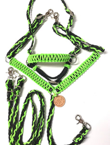 Lime green and black tack set all sizes ,  (breast collar, wither strap, reins, and bitless bridle)