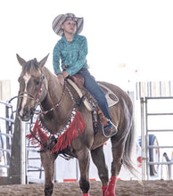 Vegas nylon fringe breast collar with red leather fringe.