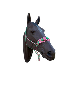 Braided horse halter with rose quartz beads