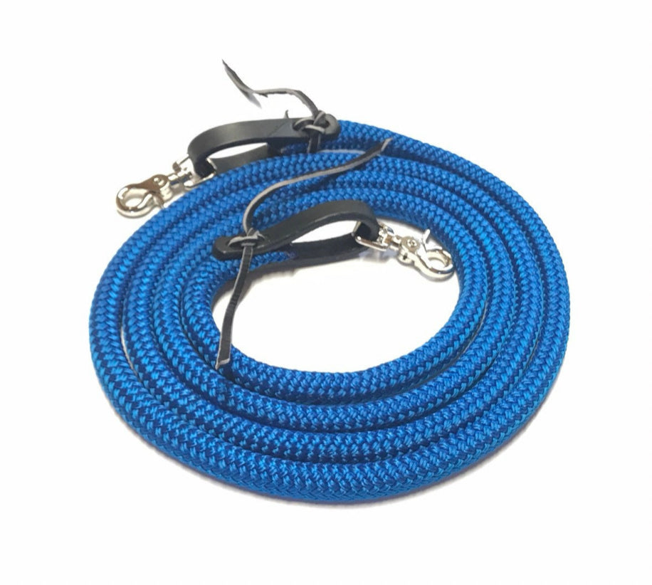 Lime Yacht rope reins with brown or black leather water loops teal