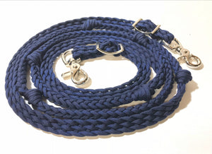 Midnight blue Barrel Reins, Round with grip knots.