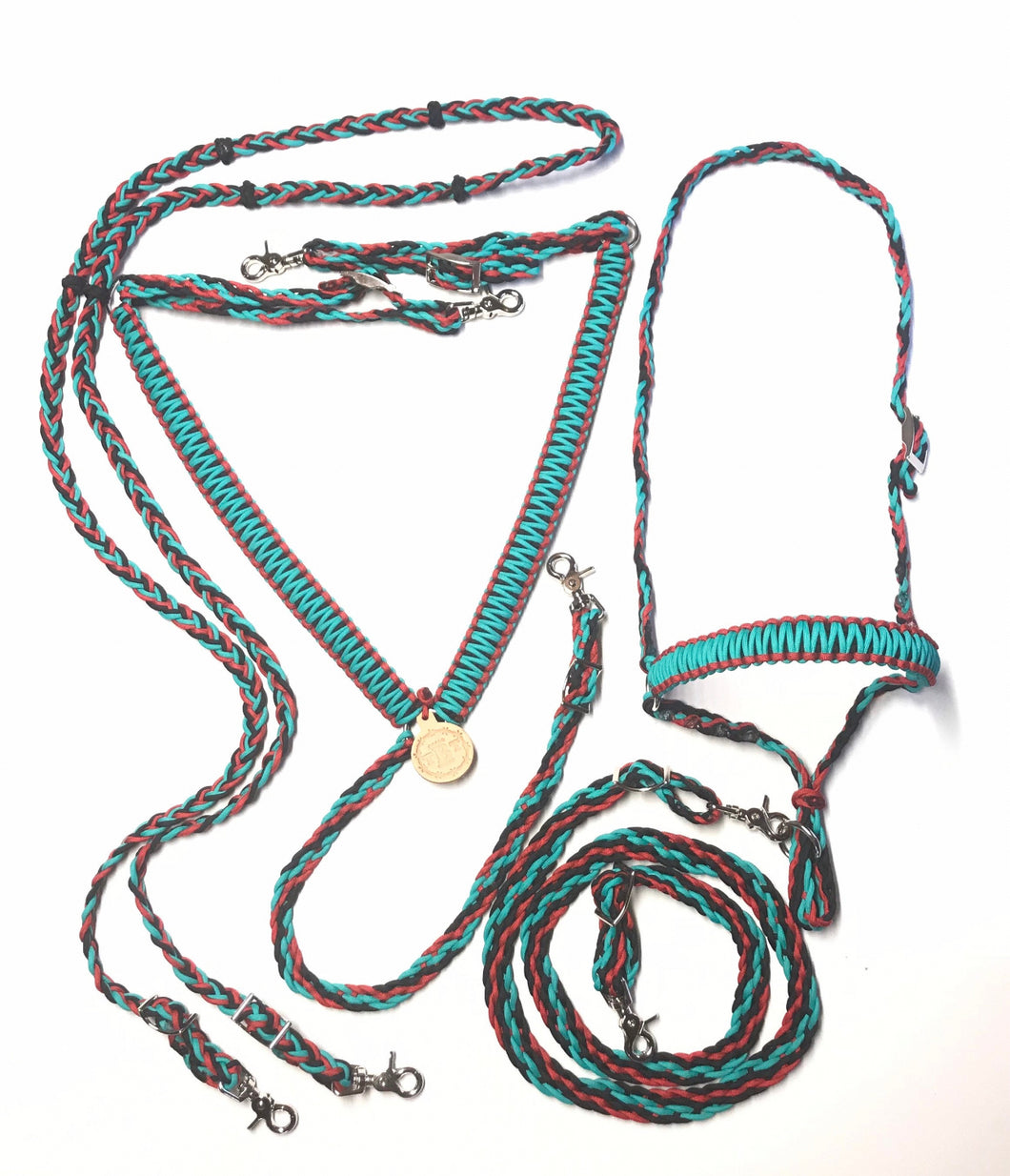 horse tack set,  (breast collar, barrel reins, and tie down set)