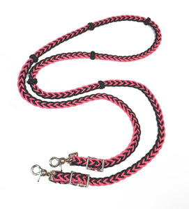 Barrel reins chocolate brown and hot pink with adjustable grip knots variety of lengths 1/2"