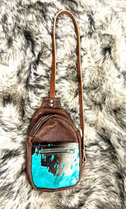 Teal Splash cowhide  small sling bag.