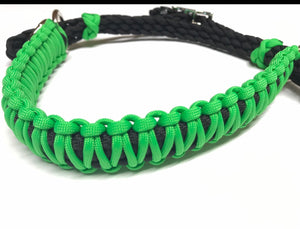 Neon green side pull hackamore  bitless attachment “with a whoa”.... with black or  brown chinstrap...all sizes