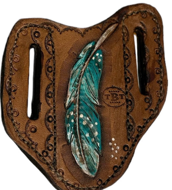 Hand tooled and pancake knife sheath teal feather