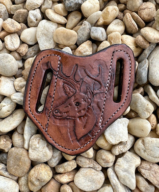 Hand tooled pancake knife sheath deer head