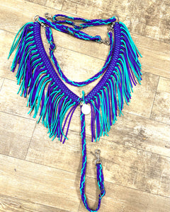 Purple and green turquoise fringe breast collar with a wither strap