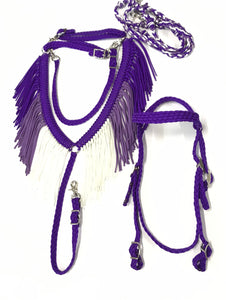 Purple ombre  tack set,  (fringe breast collar, wither strap, reins, and bridle)