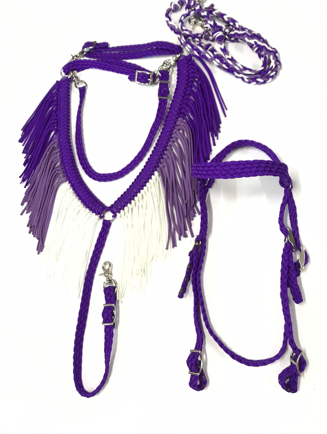 Purple ombre  tack set,  (fringe breast collar, wither strap, reins, and bridle)