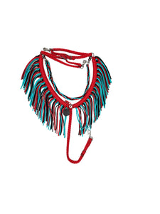 Red, black, and green turquoise fringe breast collar with a wither strap