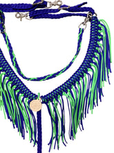 Electric Blue and neon green  fringe breast collar with wither strap.