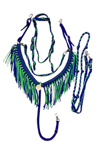 Electric Blue and Neon green Tack set with barrel reins …. All sizes.